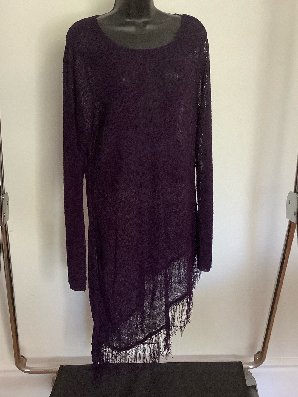 CHICO’S | Purple Asymmetrical‎ Fringe Hem Open Knit Mesh Tunic Size 3